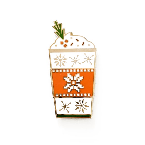 Winter Spice Latte with a snowflake cozy Hard Enamel Pin 1.75" tall By Amber Leaders