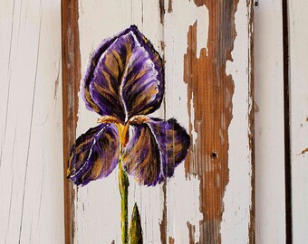 Iris sign, purple iris, hand painted barn wood