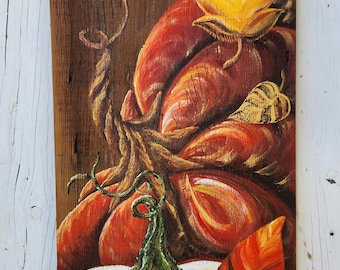 Hand-Painted White & Orange Pumpkins on Reclaimed Barn Wood | Rustic Fall Decor