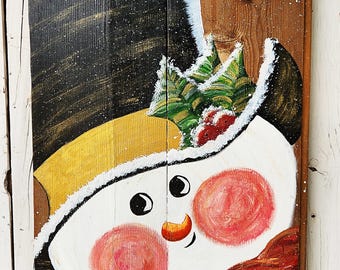 Hand-Painted Rustic Snowman on Reclaimed Shiplap Wood | Farmhouse Christmas Decor