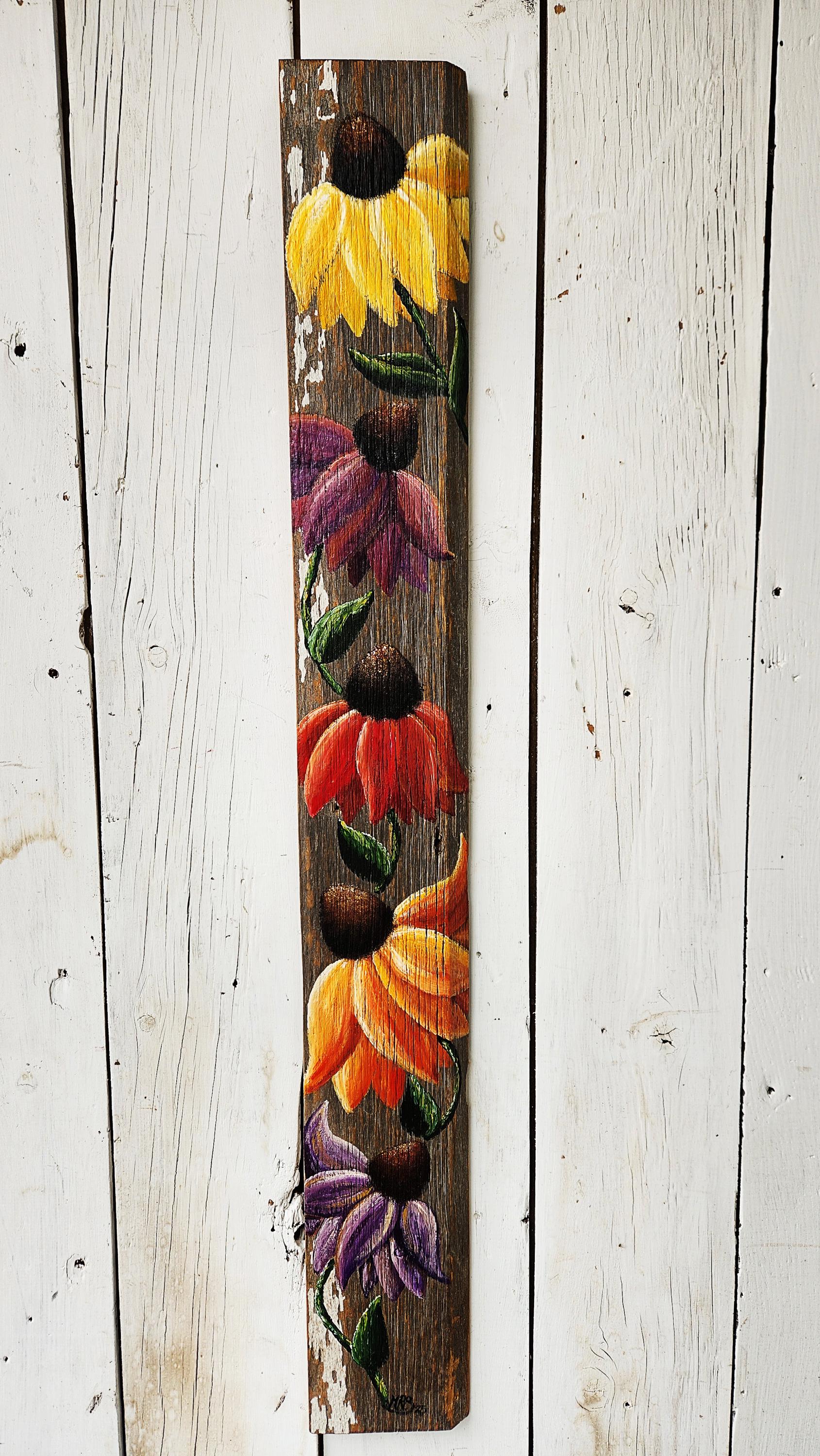 Hand-Painted Reclaimed Wood Sign with Colorful Coneflowers – Indoor/Outdoor Art