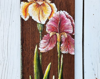 Iris on reclaimed wood, iris porch board