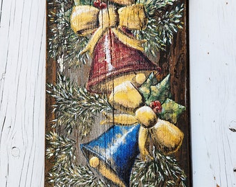 Christmas bells on barn wood, porch board, Merry Christmas