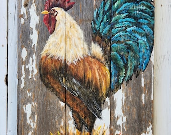 Hand-Painted Rooster on Chippy White Barn Wood, Rustic Farmhouse Wall Art, Country Kitchen Decor, Colorful Farm Animal Sign