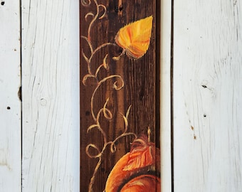 Hand-Painted Pumpkin and Vine with Autumn Leaves on Reclaimed Barn Wood | Rustic Farmhouse Fall Wall Art, Orange Pumpkin