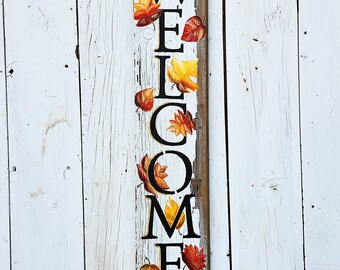 Fall leaves on barn wood, porch board, Welcome