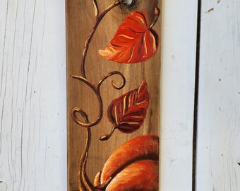 Hand-Painted Pumpkin and Leaves on Reclaimed Picket Fence Wood | Rustic Fall Decor