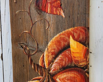 Hand-Painted Pumpkin and Autumn Leaves on Reclaimed Barn Wood | Rustic Farmhouse Fall Wall Art, Orange Pumpkin, Colorful Harvest Decor