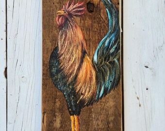 Hand-Painted Colorful Rooster on Barn Wood, Rustic Farmhouse Wall Art, Rise and Shine Sign, Country Kitchen Decor, Farm Animal Art
