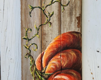 Hand-Painted Orange Pumpkin on Reclaimed Barn Wood | Rustic Fall Decor