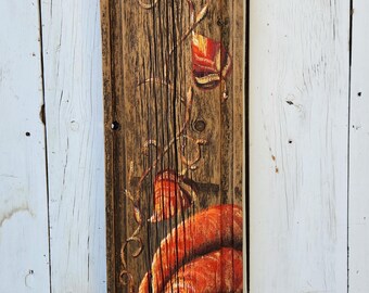 Hand-Painted Pumpkin and Vine on Reclaimed Barn Wood, Rustic Fall Decor, Orange Pumpkin with Colorful Autumn Leaves