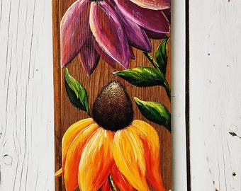 Hand-Painted Reclaimed Wood Sign with Colorful Coneflowers – Indoor/Outdoor Art