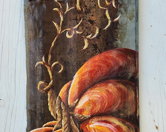 Hand-Painted Pumpkin & Vine on Reclaimed Farm Metal | Rustic Fall Decor