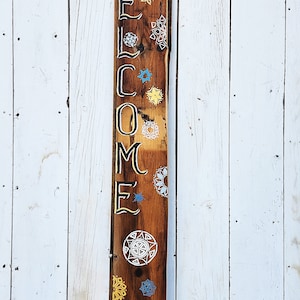 Snowflakes on barn wood, porch board, Welcome