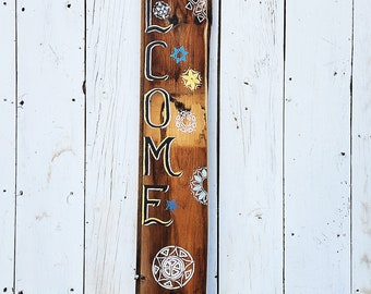 Snowflakes on barn wood, porch board, Welcome