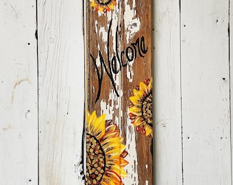 Hand-Painted Reclaimed Wood Sign with Colorful Sunflowers – Indoor/Outdoor Art