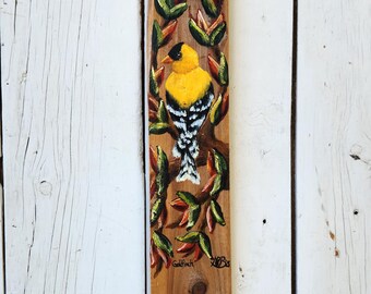 Hand-Painted Goldfinch on Blooming Branch, Rustic Bird Wall Art on Reclaimed Barn Wood, Nature Lover Gift, Country Cottage Decor