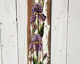 Hand-Painted Reclaimed Wood Sign with Colorful Iris – Indoor/Outdoor Art
