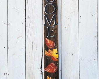 Fall leaves on barn wood, porch board, Welcome