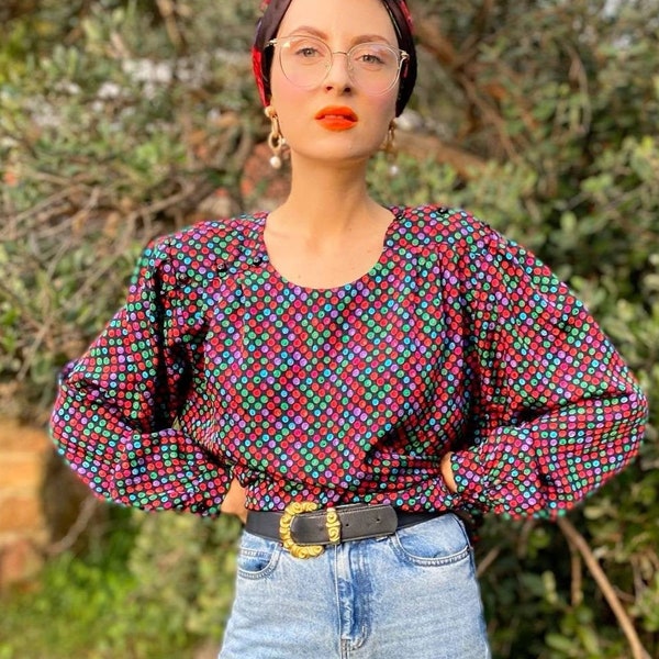 1980's Vibrant Spotted Blouse • Colourful Shirt • Geometric Pattern Top • Oversized • Neon •