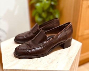 Vintage 90s Chocolate Brown Leather Loafers Joanne Mercer Made in Italy 38.5