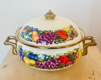 Vintage Enamel Ware CORNUCOPIA Retro Dutch Oven Pot Lid & Brass 70s 80s