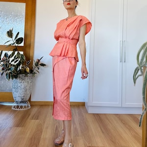 Vintage 80-tals laxrosa twin-piece set kjolblus 12 medium
