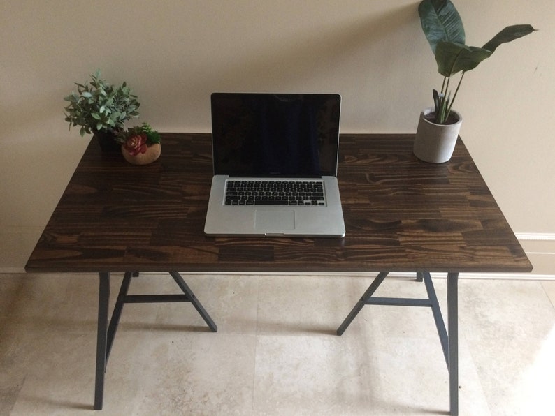 Spruce Wood Desk On Ikea Trestle Legs With Dark Brown Walnut Stain Furniture Table Free