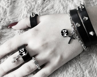 Conjunto de joyas de Depeche Mode, conjunto de Jesús personal, pulsera de cuero, pulsera con pinchos, brazalete de violador, anillo de cuero