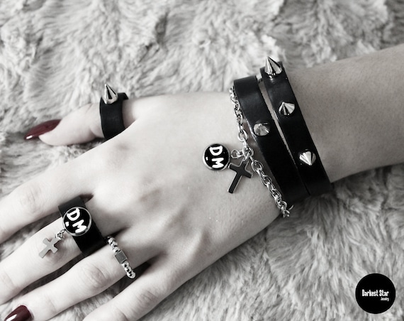 Depeche Mode Jewelry Set, Personal Jesus Set, Leather Bracelet, Spike Wristband, Violator Bangle, Leather Ring