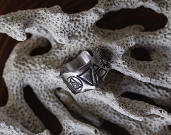 9 ELEMENTS Wide Silver Ring ∆ Massive Band Ring ∆ Sun & Moon Ring ∆ Boho Style Textured Magical Ring ∆ Unisex Adjustable Dreadlocks Jewelry
