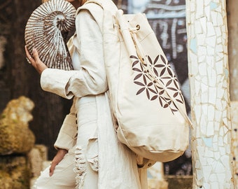 Large Canvas Backpack ∆ Flower of Life Boho Backpack Women ∆ Sacred Geometry Vegan Bag ∆ Cotton Laptop Backpack ∆ Bohemian Rucksack / Beige