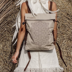 Small Cotton Canvas Backpack ∆ Flat Laptop Backpack ∆ Shipibo Tribal Vegan Backpack ∆ Roll Top Hippie Man Festival Travel Backpack / Beige
