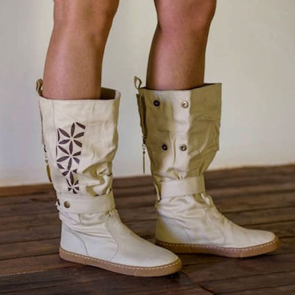 Canvas Boho High Boots ∆ Flower of Life Gypsy Bohemian Shoes Women ∆ Cotton Canvas Shoes ∆ Ibiza Raw Riding Boots ∆ Eco Friendly Booties