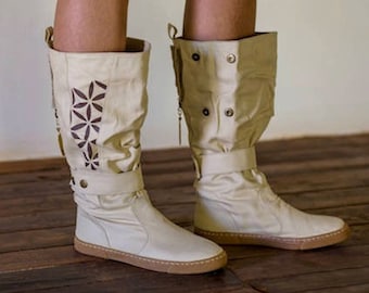 Canvas Boho Hohe Stiefel ∆ Blume des Lebens Zigeuner Boho Schuhe Frauen ∆ Baumwoll Canvas Schuhe ∆ Ibiza Raw Reitstiefel ∆ Umweltfreundliche Booties