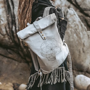 Flower Of Life Roll Top Backpack ∆ Festival Man Bag ∆ Rolltop Laptop Backpack ∆ Unisex Cotton Canvas Backpack ∆ Vegan Boho Bag / Light Gray