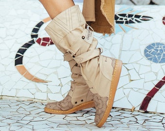 Beige Vegan Shoes ∆ Canvas High Boots Women ∆ Tribal Wrap Shoes ∆ Playa Outfit Man Boots ∆ Cotton Boho Boots ∆ Goa Ibiza Eco Gypsy Shoes