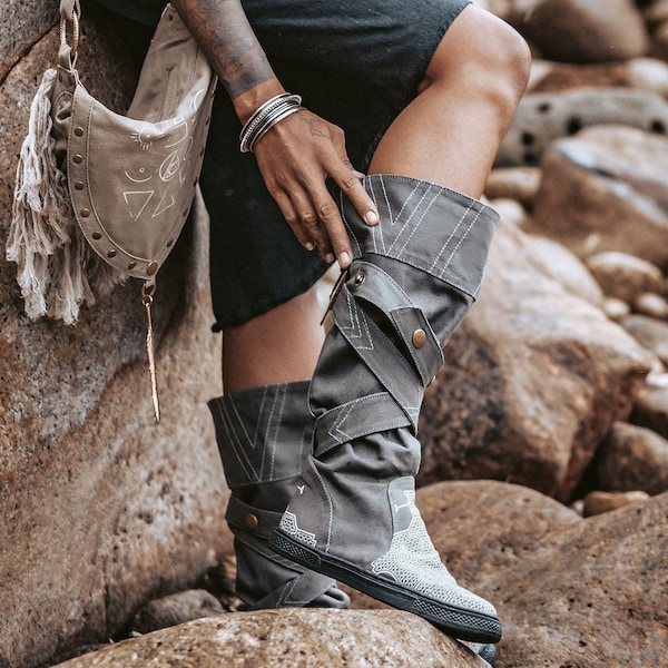 Gray Vegan Shoes ∆ Cotton Canvas Tribal Shoes ∆ Riding High Boots Men & Women ∆ Festival Man Boots ∆ Ibiza Canvas Footwear ∆ Eco Gypsy Shoes