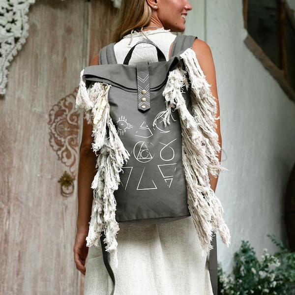 Rolltop Vegan Boho Backpack ∆ Women Cotton Canvas Linen Fringe Backpack ∆ Roll Top Laptop Backpack∆ Eco Hippie Sun & Moon Bohemian Bag/ Grey