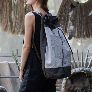 Large Cotton Canvas Backpack ∆ Women & Men Torba Bag ∆ Huge Vegan Backpack ∆ Boho Travel Backpack ∆ Shipibo Peruvian Print Rucksack / Gray