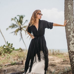 Black dress with kimono cardigan top