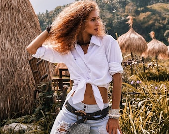 Oversized Linen Shirt Women ∆ High Low Maxi Silk Blouse ∆ Button Up Shirt ∆ Plus Size Linen Clothing ∆ Long Sleeve Organic Shirt / White