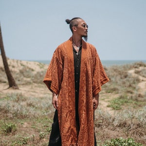 Mens Boho Kimono Cardigan ∆ Raw Cotton Festival Kimono Robe ∆ Desert Man Clothing Summer Kaftan Wrap Jacket ∆ Nomad Bedouin Outfit / Rusty