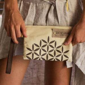 Flower of Life Boho Clutch ∆ Zipper Pouch ∆ Cotton Canvas Wallet ∆ Tribal Zip Purse ∆ Vegan Wristlet Clutch / Beige / Light Gray