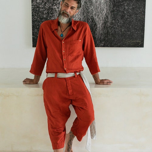 Red Linen Jumpsuit Mens Overalls Casual 