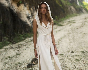 Tunique longue en coton brut à franges Robe portefeuille bohème Ibiza ∆ Vêtements bio femme ∆ Robe à capuche festival homme ∆ Robe kimono Goa Gilet / Blanc cassé