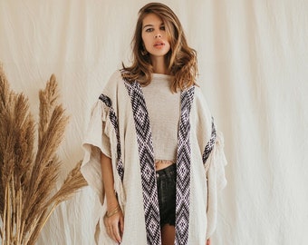 Boho Poncho Kimono Jacket ∆ Festival Clothing Women Cardigan Robe ∆ Hippie Clothes Ceremony Burning Outfit Desert Cover Up Coat / Off White