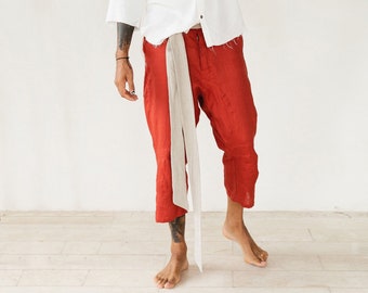 Red Mens Pants 3/4 ∆ Linen Shorts Organic Clothing ∆ Belted Hippie Pants ∆ Loose Capri Linen Trousers ∆ Male Cargo Lounge Pants / Red Ochre