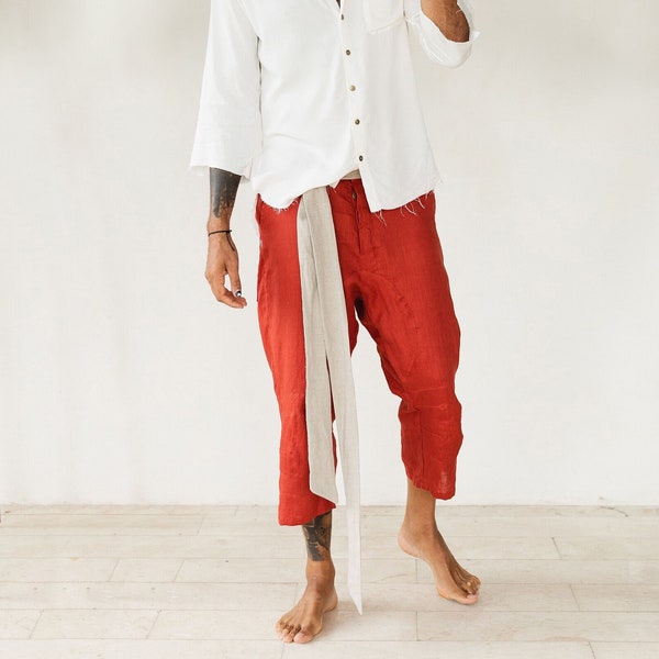 Red Mens Pants 3/4 ∆ Linen Shorts Organic Clothing ∆ Belted Hippie Pants ∆ Loose Capri Linen Trousers ∆ Male Cargo Lounge Pants / Red Ochre
