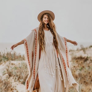 Bohemian Poncho Wrap Coat Boho Man Clothing Women Cardigan Nomad Clothes Festival Outfit Ceremony Cloak Kimono Robe / Off White image 1